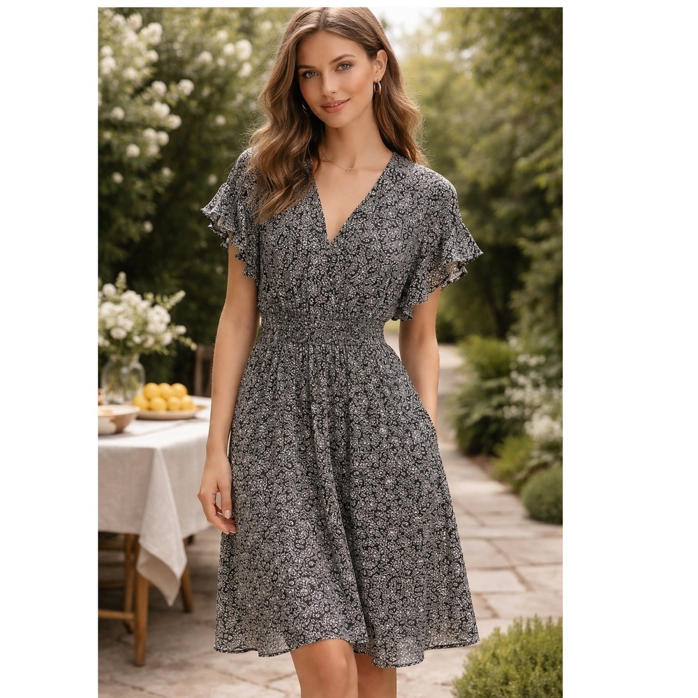 Rebecca Taylor Womens 100% Silk Floral Ruffle Sleeve Smocked Mini Dress, Size 10